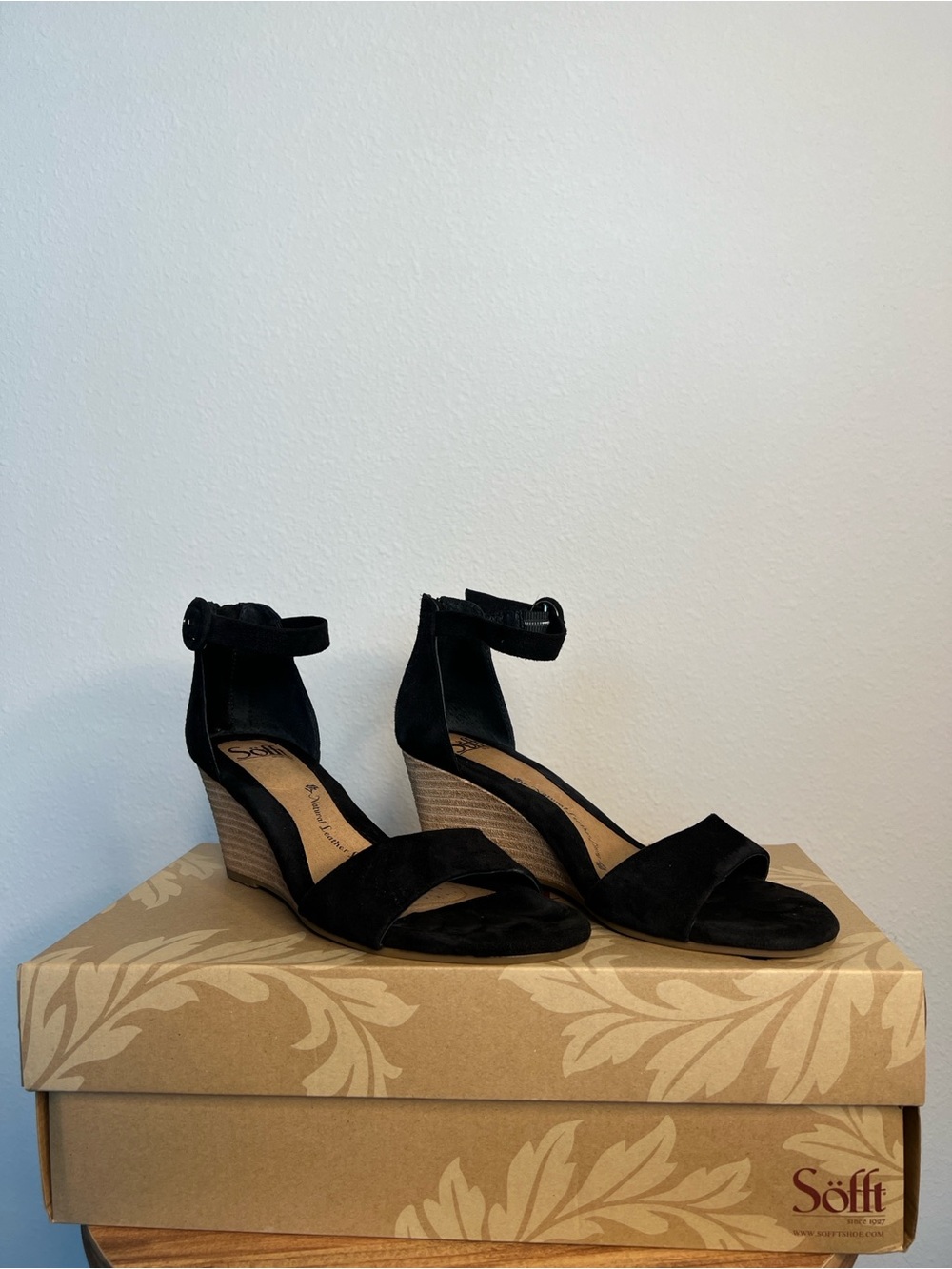 Sofft Black Suede Ankle-Strap Wedge Sandals